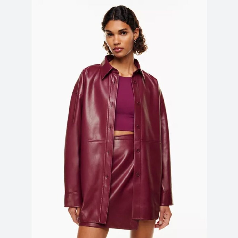 Aritzia Wilfred Pelli Faux Leather Button Down Shirt Jacket small red